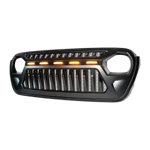 Mesh Grille Front Grill Cover Matte Black with Amber LED Running Lights for 2018 and Up Jeep Wrangler JL JLU JT